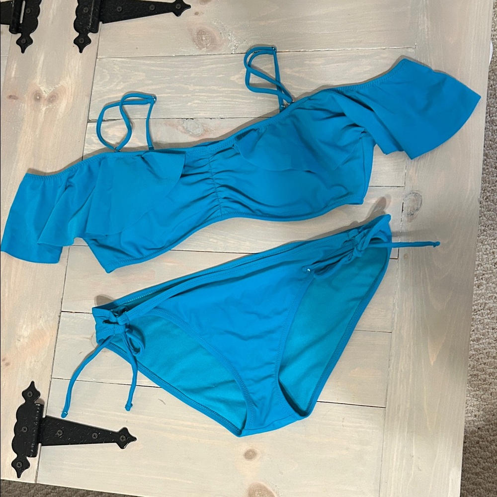 Raisins Bright Turquoise Off-Shoulder Ruffle Bikini